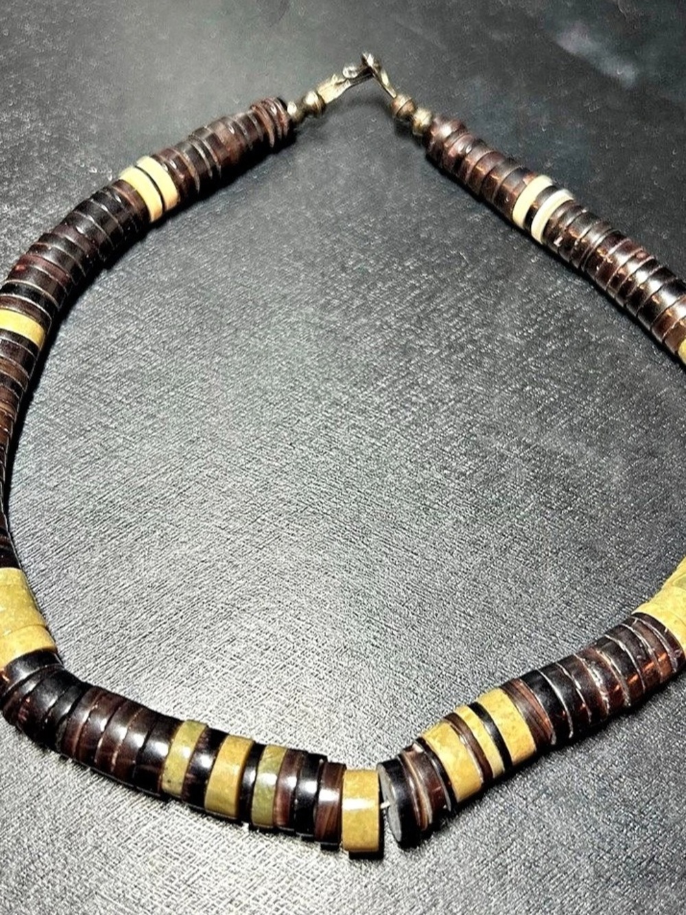 Vintage 65.5g Brown Cream Heishi Necklace Navajo Style Silver Bench Beads